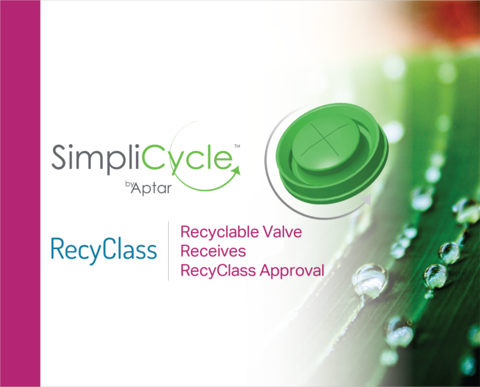 Aptar Food + Beverage Receives RecyClass Approval for its SimpliCycle Valve as Fully Recyclable in the Polypropylene Recycling Stream