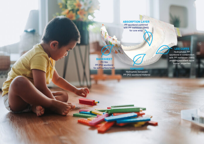 Nonwoven material for diapers produced by PFNonwovens contains renewably-sourced and ISCC PLUS mass balance certified polypropylene from the Borealis’ Bornewables portfolio of circular polyolefins.