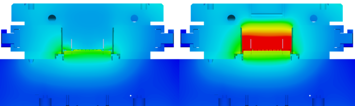 Mold temperature control on the left using conformal cooling, on the right using conventional cooling.
