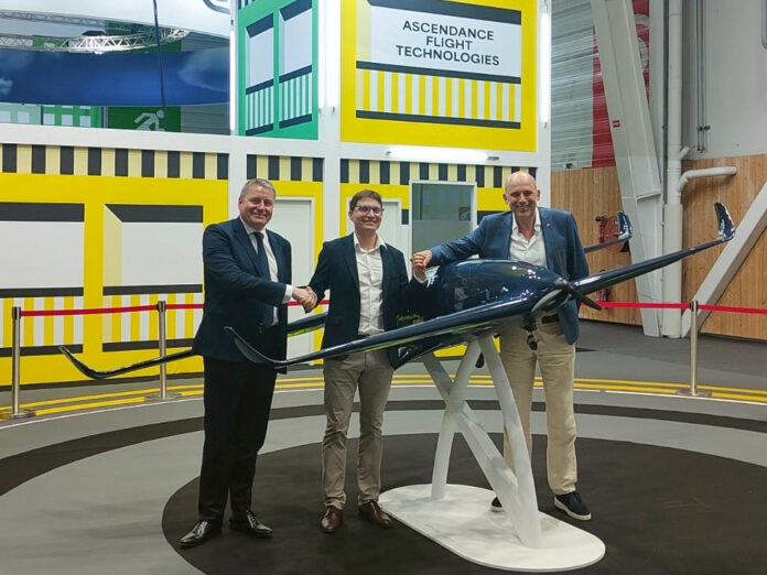 Photo of Ascendance Flight Technologies and Solvay representatives at the signing event. At the 2023 Paris Air Show, Solvay and Ascendance Flight Technologies have signed a partnership to collaborate in the development of innovative material and aerospace technologies for enhancing the safety, efficiency and sustainability of future aircraft. From left: Gerald Perrin, Solvay EMEA Business Manager; Jean-Christophe Lambert, CEO of Ascendance Flight Technologies and Stéphane Viala, Director of Engineering & Program at Ascendance Flight Technologies.