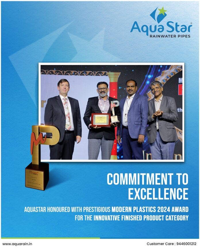 Aqua Star's MD Mr. Seejo Ponnore was Honored with the Modern Plastic Award 2024 for the Innovative Finished Product Category